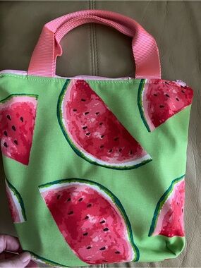Watermelon Print Lunch Tote in Pink and Lime Green Destiny Handbags 10x11